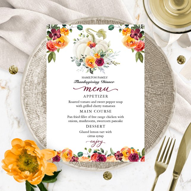 Menu de dîner de Thanksgiving avec citrouille flor (Créateur téléchargé)