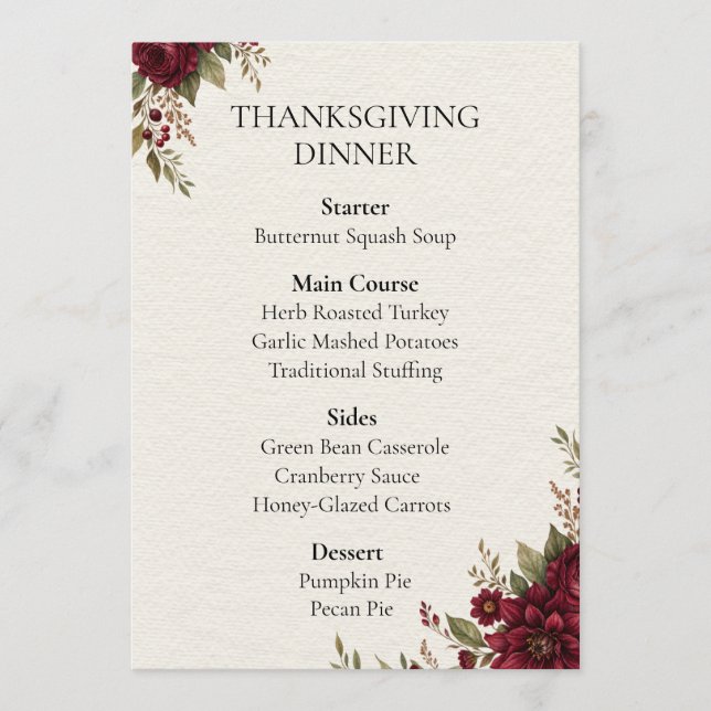 Menu de dîner de Thanksgiving floral Bourgogne (Devant)