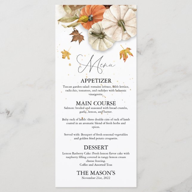 Menu de dîner de Thanksgiving rustique avec citrou (Devant)