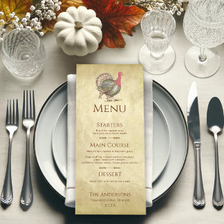 Menu de dîner de Thanksgiving sur parchemin vintag