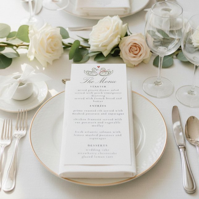 Menu de dîner élégant cygnes amour romantique écri (Créateur téléchargé)