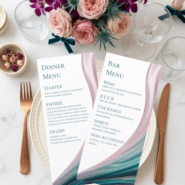 Menu de dîner et de bar de mariage en soie sarcell (Teal & Blush Silk Wedding Dinner & Bar Menu)