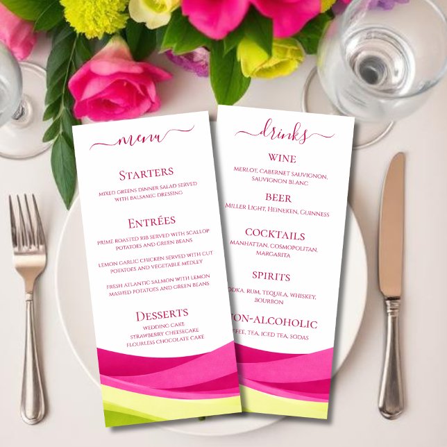Menu de dîner et de bar de mariage Fuchsia et vert (Fuchsia and Lime Green Wedding Dinner and Bar Menu )