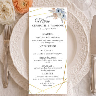 Menu de dîner géométrique floral beige bleu poussi