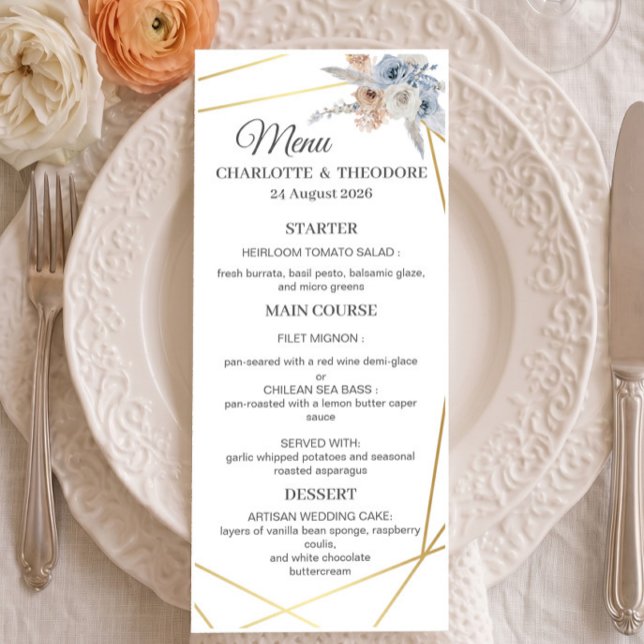 Menu de dîner géométrique floral beige bleu poussi (Créateur téléchargé)