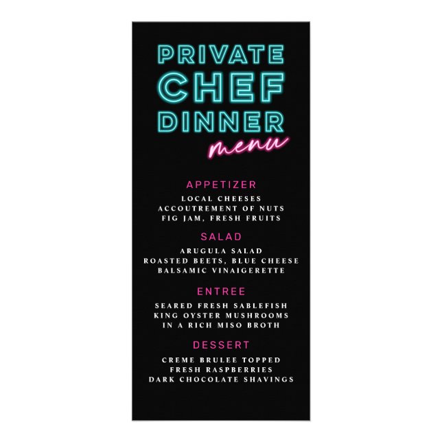 Menu de dîner privé avec chef cuisinier bleu néon  (Devant)