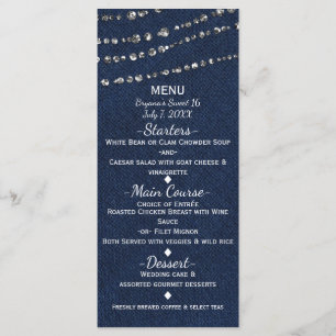 Menu de fête Blue Denim & Diamonds Sparkle Bling
