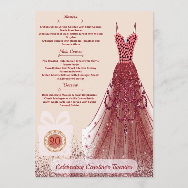 Menu de fête d'anniversaire 20ème Ruby Red Glitter (Devant)