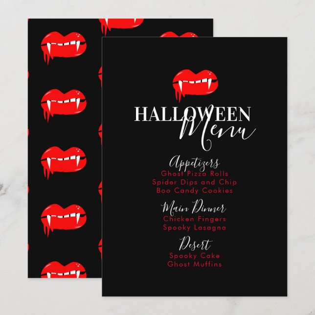 Menu de fête d'anniversaire Halloween Sang de lèvr (Devant / Derrière)