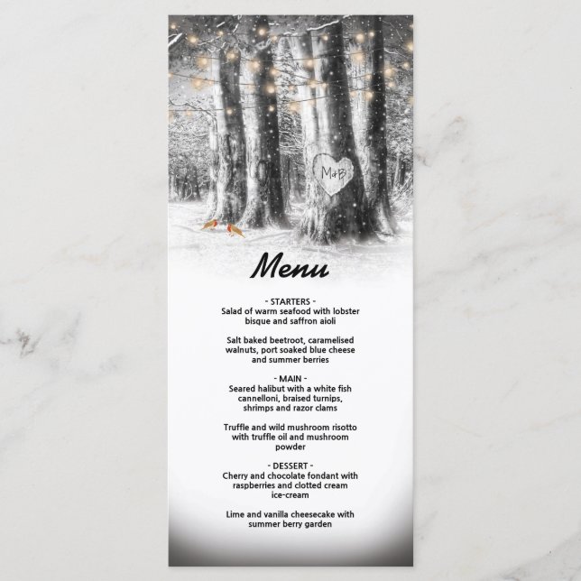 Menu de fête de l'arbre d'hiver rustique et lumièr (Devant)