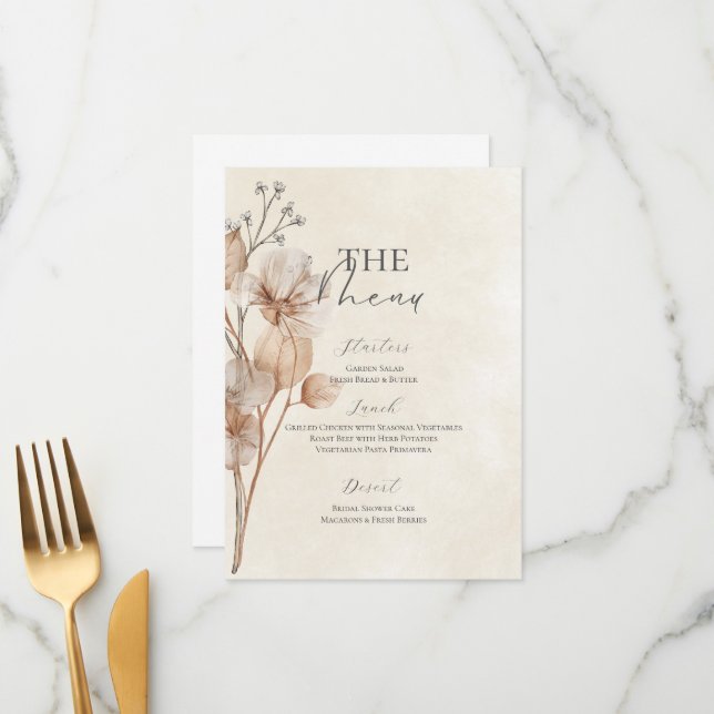 Menu de Fête de Mariage Floral Marron (Devant/Arrière en situation)