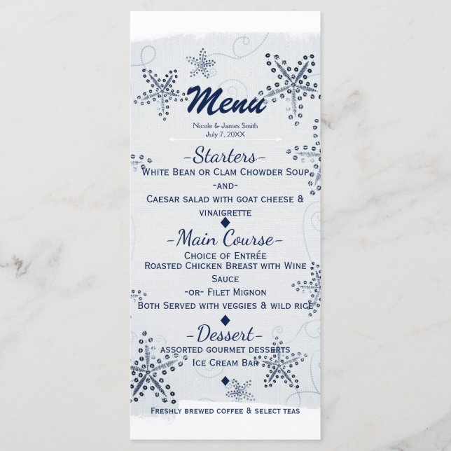 Menu de fête de plage bleu étoile de mer et sequin (Devant)