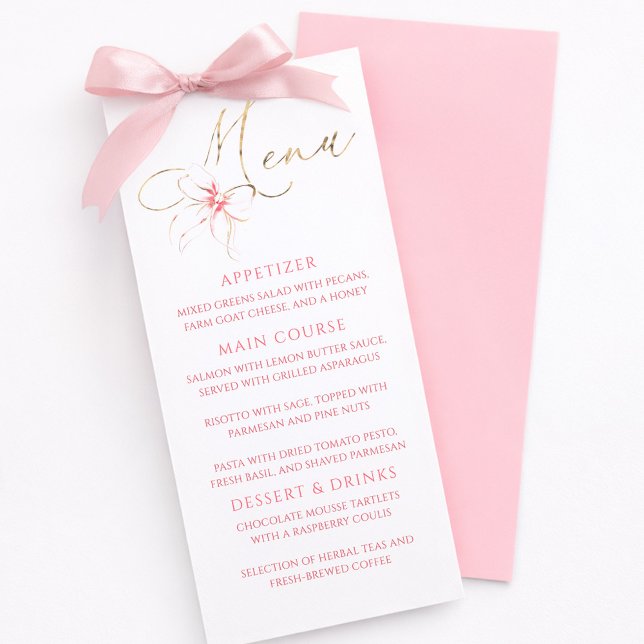 Menu de fête élégant avec typographie dorée et rub (Pink Bow Menu Cards)
