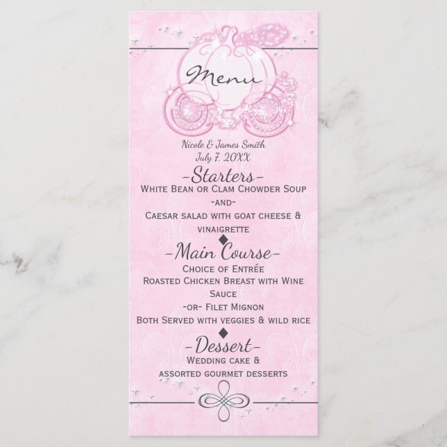 Menu de fête élégant Carrosse Cendrillon rose (Devant)
