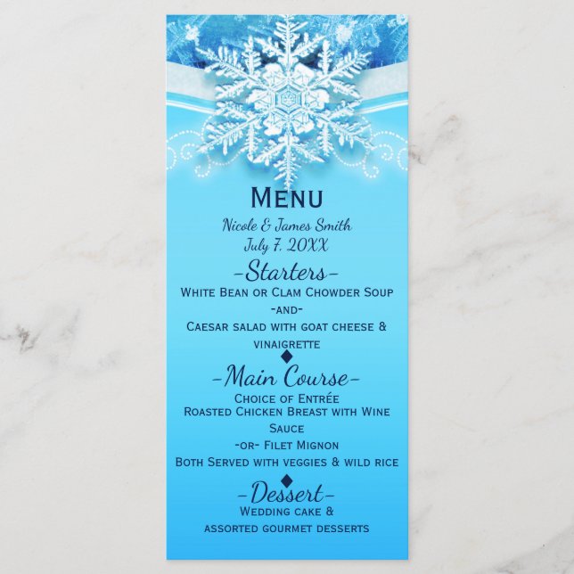 Menu de fête Flocon de neige du pays des merveille (Devant)