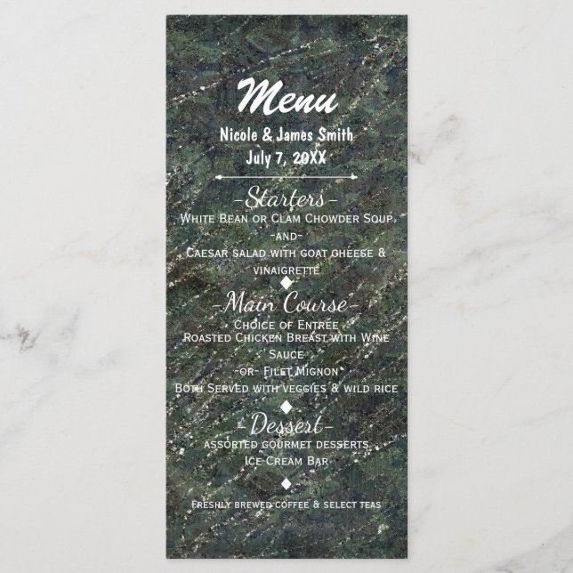 Menu de fête Glam Camo Vert & Argent (Devant)
