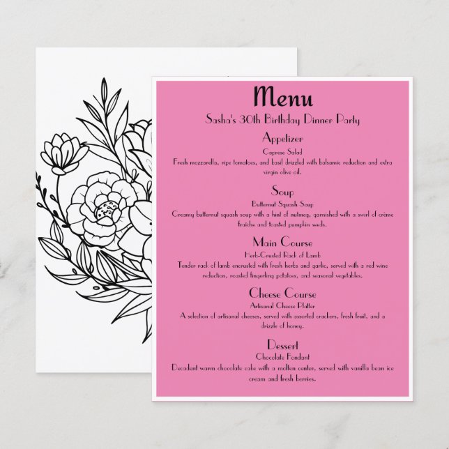 Menu de fête Glam Rose Or Rose (Devant / Derrière)