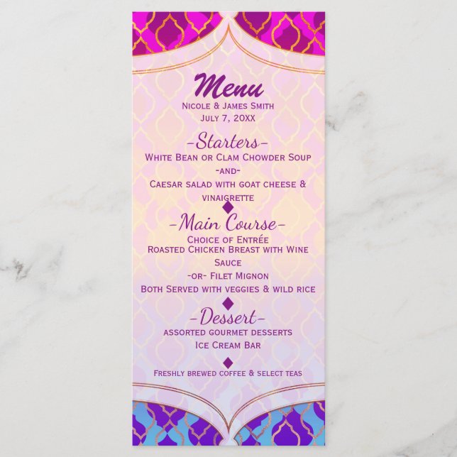 Menu de fête glamour arabe marocain aux couleurs v (Devant)