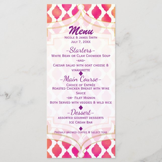 Menu de fête glamour marocain arabe rose et orange (Devant)