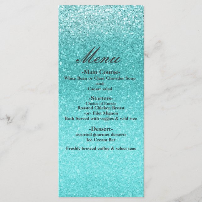 Menu de fête glamour paillettes bleu aqua mer (Devant)