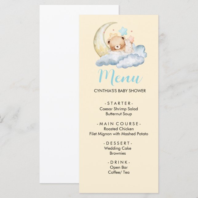 Menu de fête prénatale pour garçon ourson de rêve  (Devant / Derrière)