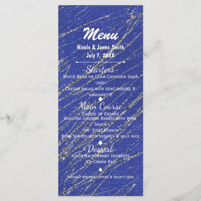 Menu de fête rayé en marbre bleu et argent moderne (Devant)