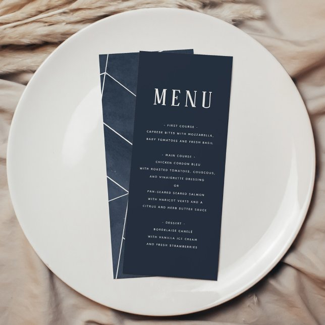 Menu de gala géométrique aquarelle bleu marine (Navy Blue Watercolor Geometric Gala Menu)