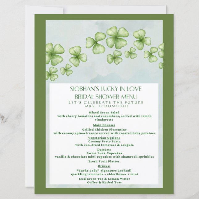 Menu de la Baby Shower 'Chanceux en Amour' (Devant)