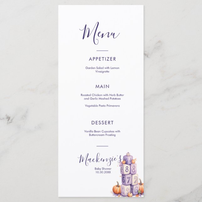 Menu de la fête de baby shower Purple Pumpkin (Devant)