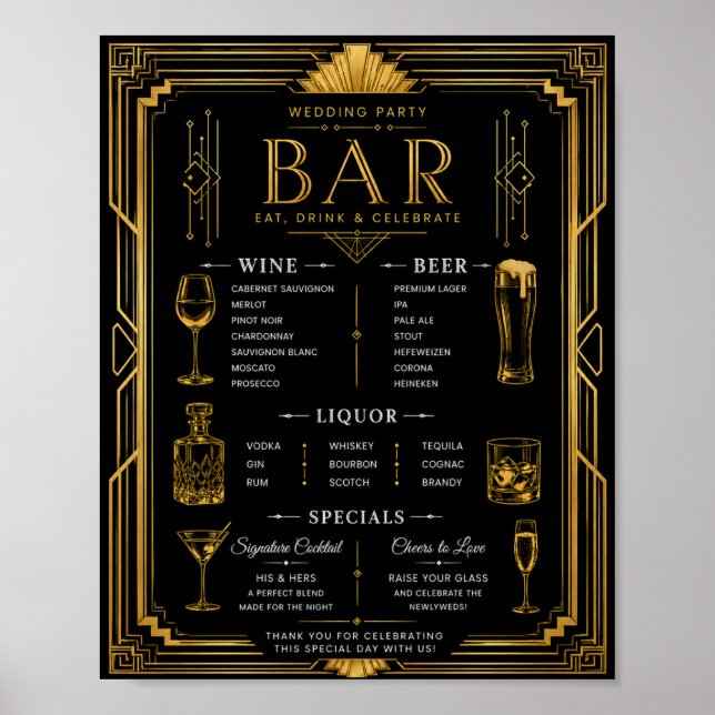 Menu de la fête de mariage Art Déco Bar Vin Bière  (Devant)