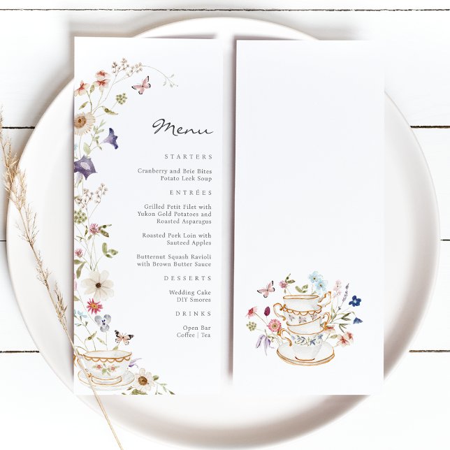 Menu de la fête du thé floral (Wildflower Watercolor Floral with Butterflies Tea Party Menu by Painted Paperie
)