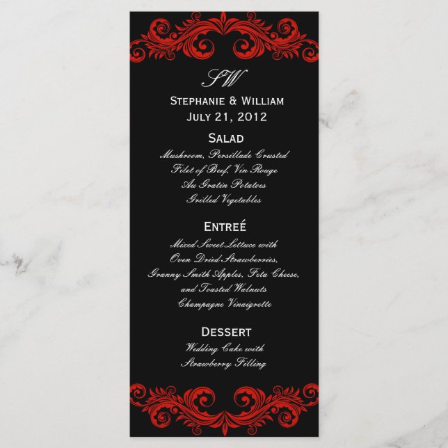 Menu de la réception de mariage rouge et noir (Devant)