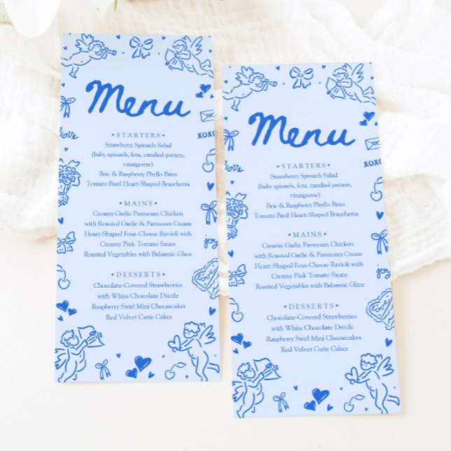 Menu de la Saint-Valentin à cœurs bleus modernes d (Modern Blue Hearts Hand Drawn Valentine Menu)