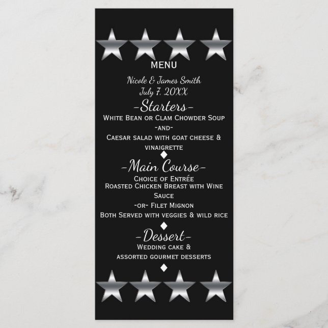 Menu de la soirée Hollywood Glam Black & Silver St (Devant)