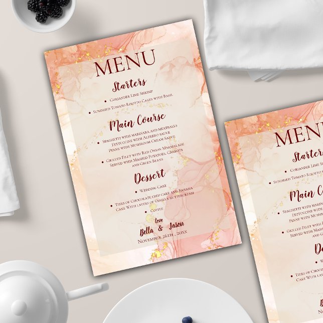 Menu de la Soirée Mariage Marbre Or Plutôt Orange  (Pretty Orange Peach Gold Marble Wedding Party Menu)