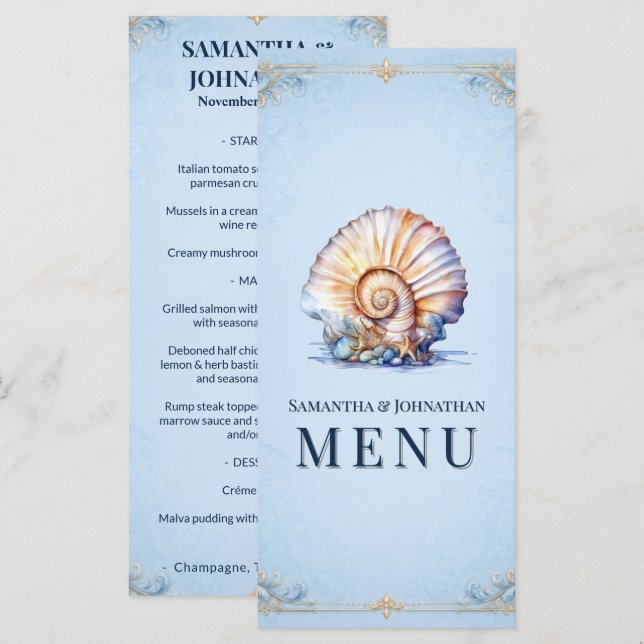 Menu de luxe de plage coquillage vintage coquille (Devant / Derrière)