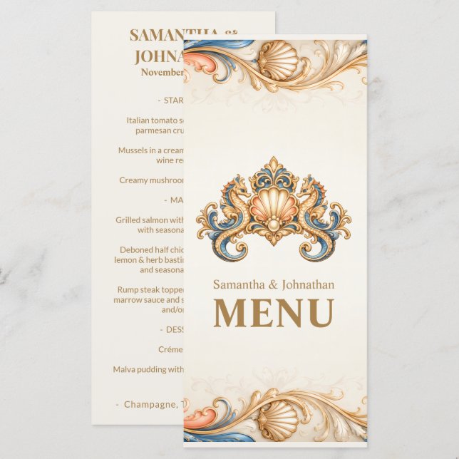 Menu de luxe de plage hippocampe crest vintage (Devant / Derrière)