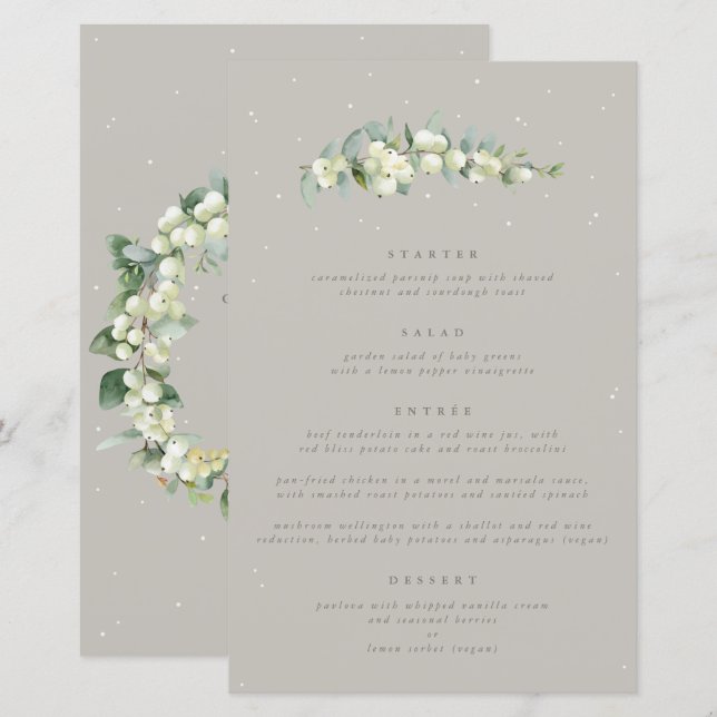 Menu de mariage 4 services Greige Snowberry + Euca (Devant / Derrière)