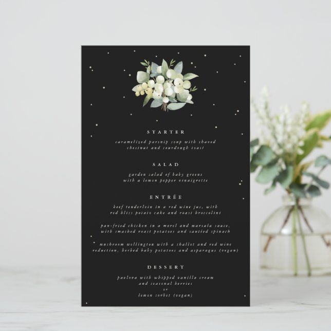 Menu de mariage à 4 plats Black Snowberry + Eucaly (Debout devant)