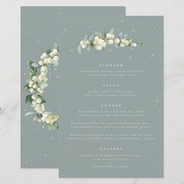 Menu de mariage à 4 plats Seafoam Snowberry + Euca (Devant / Derrière)
