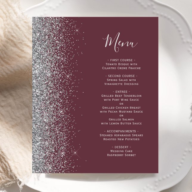 Menu de mariage à bordure argentée Burgundy Budget (Créateur téléchargé)