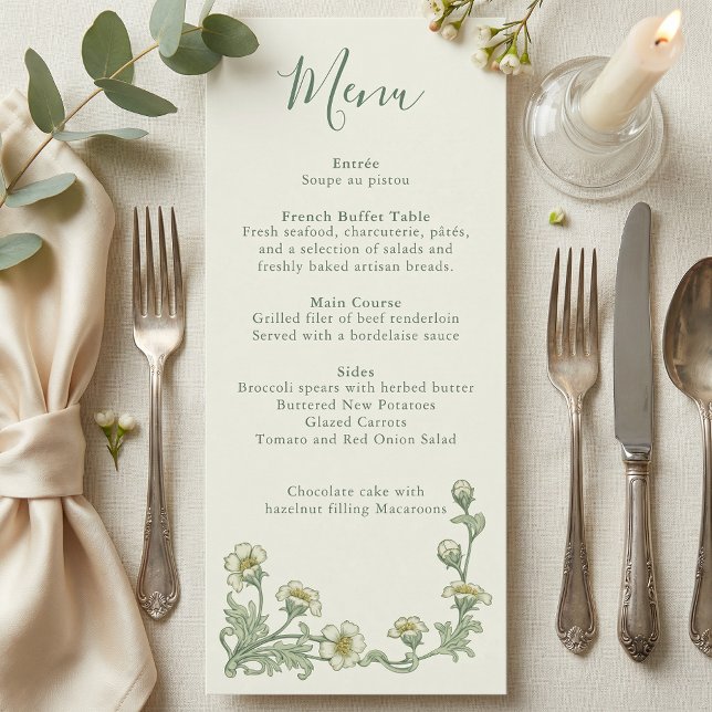 Menu de mariage à bordure florale Art Nouveau Sage (Art Nouveau Sage Floral border wedding menu)