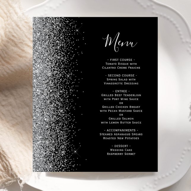 Menu de mariage à bordure pailletée argent noir bu (Créateur téléchargé)