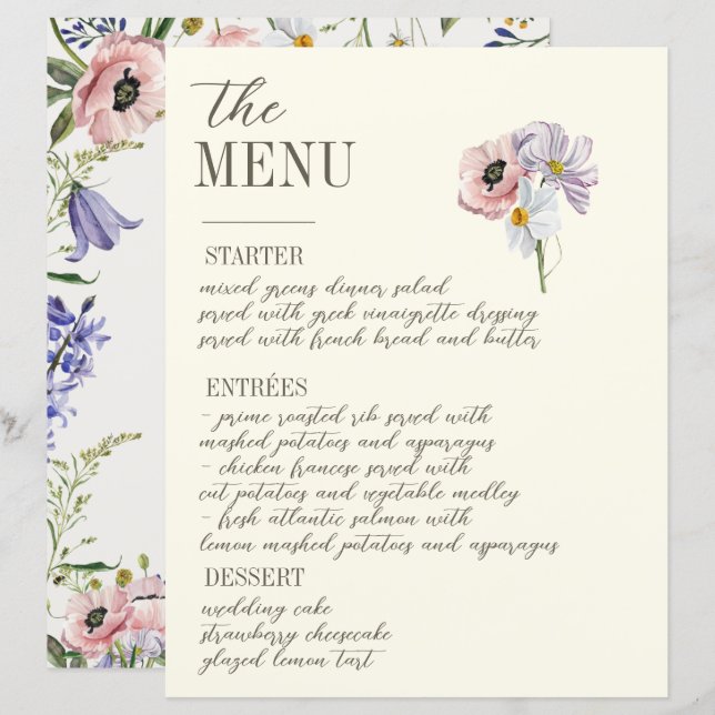 Menu de Mariage à bordures florales pourpre et crè (Devant / Derrière)