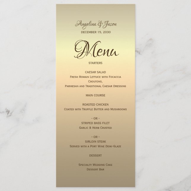 Menu de mariage à calligraphie dorée élégante (Devant)