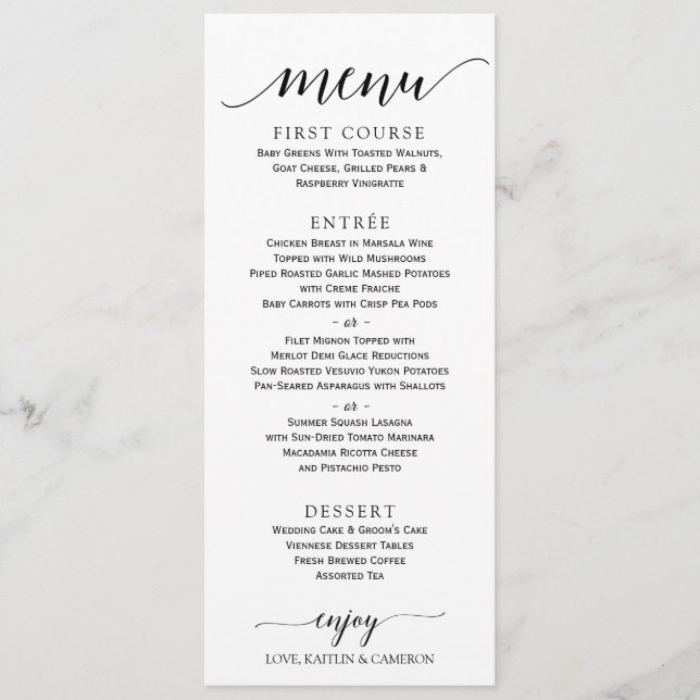 Menu de mariage à calligraphie romantique | 4 x 9  (Devant)