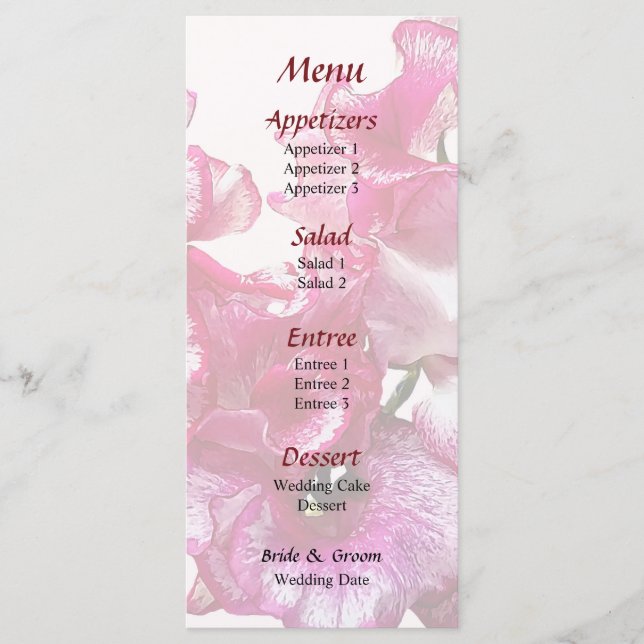Menu de mariage à coeur de pois de senteur rose (Devant)