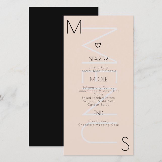 Menu de mariage à cœur monogrammé (Devant / Derrière)