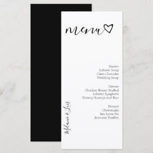 Menu de mariage à coeur noir et blanc 