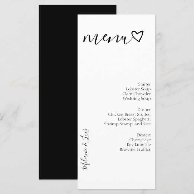 Menu de mariage à coeur noir et blanc  (Devant / Derrière)